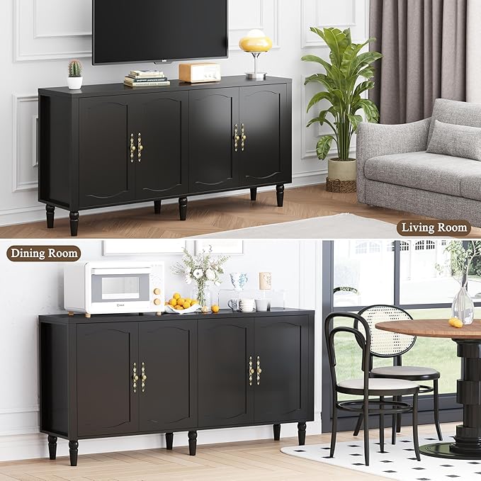 63" Sideboard Buffet Cabinet with Storage, Mid Century Modern Credenza with Adjustable Shelves & Carved Handles, Large Kitchen Buffet Table Coffee Bar for Dining Room & Living Room - Black