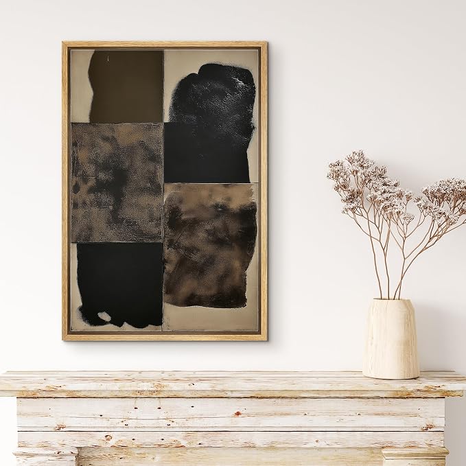 MUDECOR Framed Canvas Print Wall Art Black and Brown Geometric Block Abstract Illustrations Fine Art Mid-Century Modern Multicolor for Living Room, Bedroom, Office - 24"x36" NATURAL
