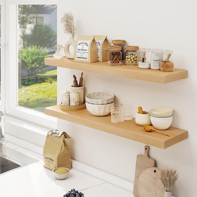 Floating Shelves for Wall, USA-Sourced Beech Wood 36 Inch Long Wall Shelves Set of 2, Natural Wooden Mounted Picture Ledge Shelf, Nursery Book Storage Shelf Kids Bookshelf, Display Shelf for Bathroom