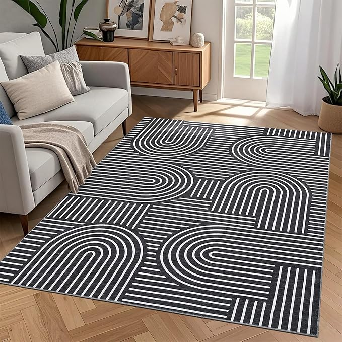 Washable Rug 8x10 Area Rugs for Living Room, Abstract Rug for Bedroom, Soft Rainbow Non Slip Throw Rugs with Rubber Back, Low Pile Stain Resistant Boho Geometric Carpet for Dining Room, Black