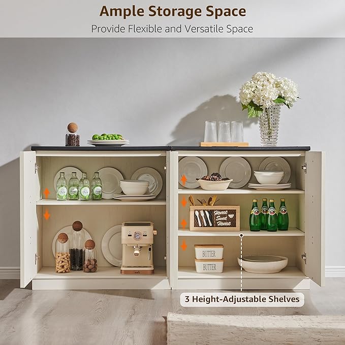 ACCOHOHO Buffet Cabinet with Storage&Arched Doors,31.5 Inch Wood Sideboard with Adjustable Shelf,Modern Coffee Bar Tables Accent Cabinets for Living Room,Kitchen Or Entryway (White, 2 Piece)