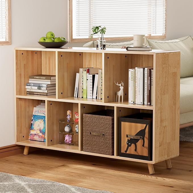 YZU 45" Wide Bookshelf, 7 Cube Storage Organizer, Solid Wood for Home, Office, Natural Wood