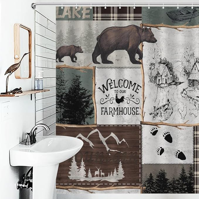 Rustic Cabin Vintage Bear Shower Curtain Country Lodge Deer Mountain Forest Farmhouse Waterproof Shower Curtains for Bathroom Decor 12 Pack Hooks 66x72in（168x183cm）