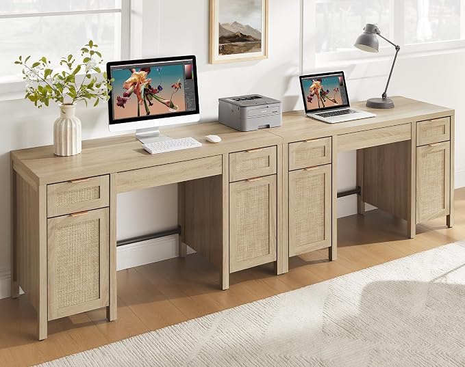 SICOTAS Rattan Executive Desk with Storage - Larger Home Office Desk with Drawers and Cabinets, Boho Computer Table for Study, Office, Living Room, Light Oak (2 Pieces)
