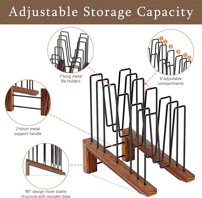 TREWAVE Inclined File Organizer for Desk, Adjustable 7-Section Vertical Desk File Organizer with Wooden Base, Metal Desktop Paper Folder Holder for Office, Home, Classroom and School Workspace