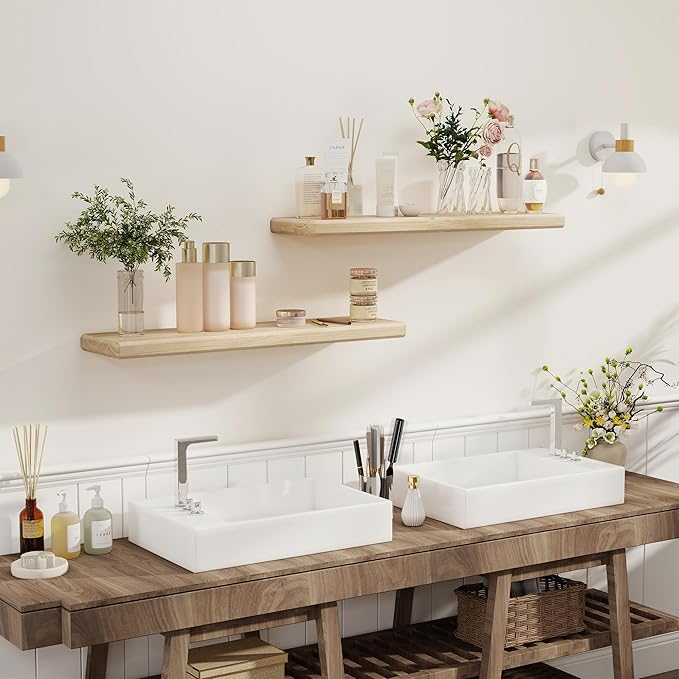 Axeman 36Inch Natural Wood Floating Shelves for Wall|Rustic Wooden Shelves for Bedroom Kitchen Bathroom|Storage Shelf with Invisible Bracket for Wall Mounted|Set of 1|Natural Color