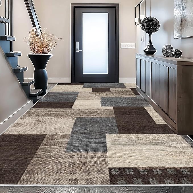 Modern Geometric Patchwork Indoor Area Rug for Living Room, Blue-Taupe 10'x 14' Large Rug Rockwood Collection Hardwood Floors Decor for Bedroom, Blue Throw Carpet for Entryway Dining Room