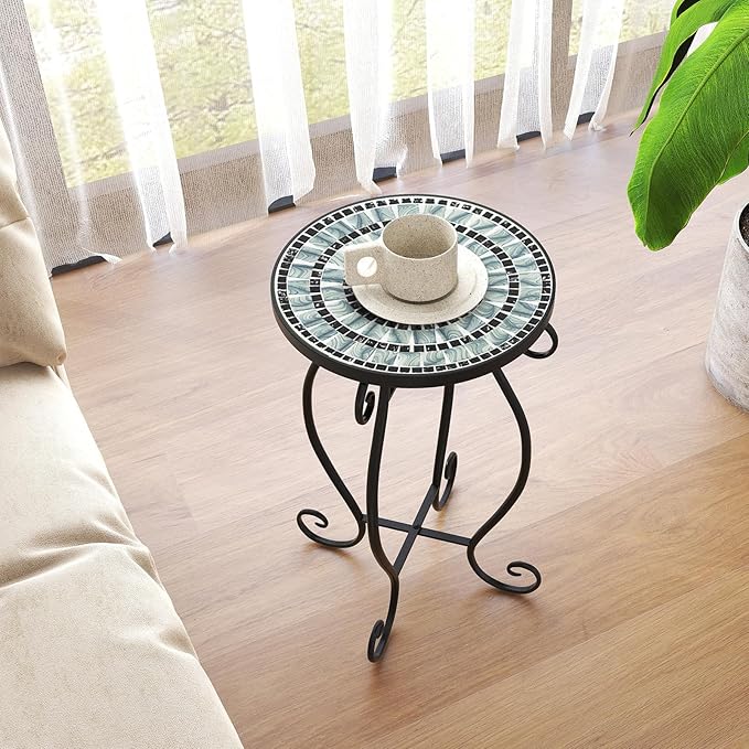 Giantex Outdoor Side Table, Mosaic Patio Table, 12 inch Accent Table Plant Stand Indoor, Ceramic Tile Top Metal Frame, Small End Table Porch Beach Patio Garden Balcony Poolside (Wave)