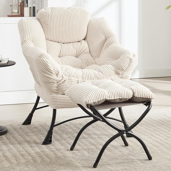 Lazy Chair with Ottoman, Comfy Lounge Chair for Reading, Relaxing, and Napping, Perfect for Living Room, Bedroom, or Office, White