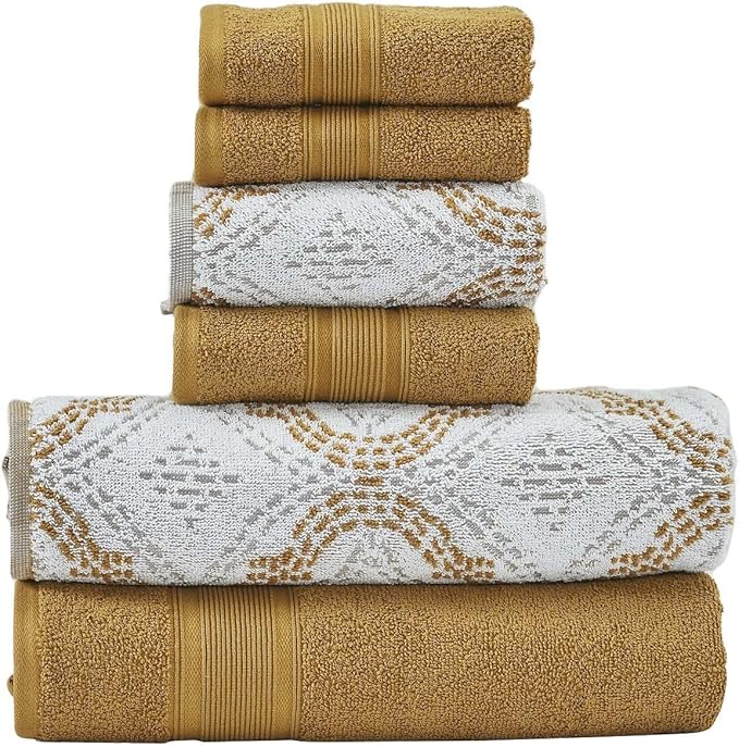 Modern Threads Capri 6-Piece Reversible Yarn Dyed Jacquard Towel Set - Bath Towels, Hand Towels, & Washcloths - Super Absorbent & Quick Dry - 100% Combed Cotton, Gold