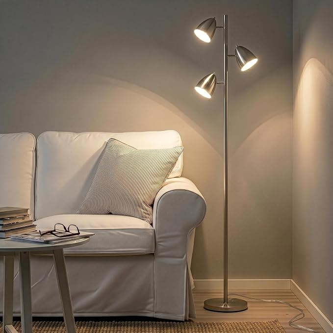 Brightech Jacob LED Standing Lamp, Modern Bright Floor Lamps for Living Rooms & Bedrooms, Tall LED Lighting Lamp with Adjustable 3 Light Tree – Satin Nickel