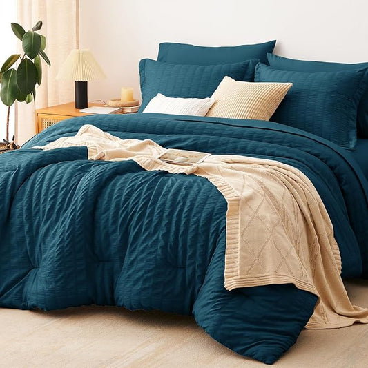 CozyLux Full Size Comforter Sets Lyons Blue, 7 Pieces Seersucker Textured Luxury Bed in a Bag, All Seasons Soft Bedding Sets with Down Alternative Comforter, Sheets, Pillowcases & Shams, Home Gift
