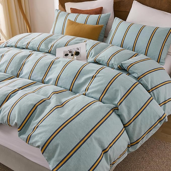 Merryword Green & Orange Striped Duvet Cover Set King Size, 100% Cotton Bedding Set with Zipper Closure & 8 Corner Ties, Luxury Linen Like Bedding, Soft Breathable Comforter Cover for All Seasons
