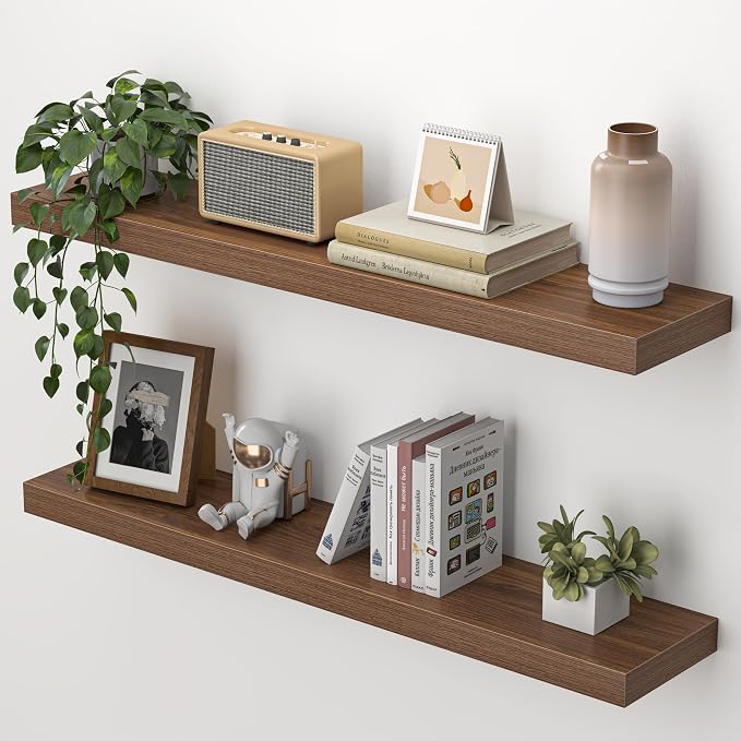 Heimlove Floating Shelves for Wall 32 Inch,Mounted Storage Wood Shelves with Invisible Brackets Hanging Shelf for Bedroom Living Room Kitchen Office,Set of 2,Walnut Color