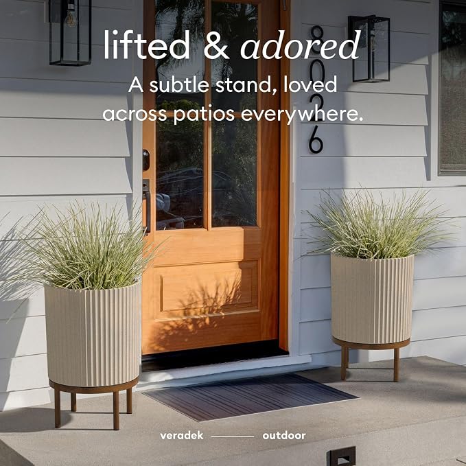 Veradek Demi Series Round Planter w/Stand for Porch/Patio | Durable Plastic-Stone Composite & Wooden Stand | Modern Décor for Tall Plants, Flowers