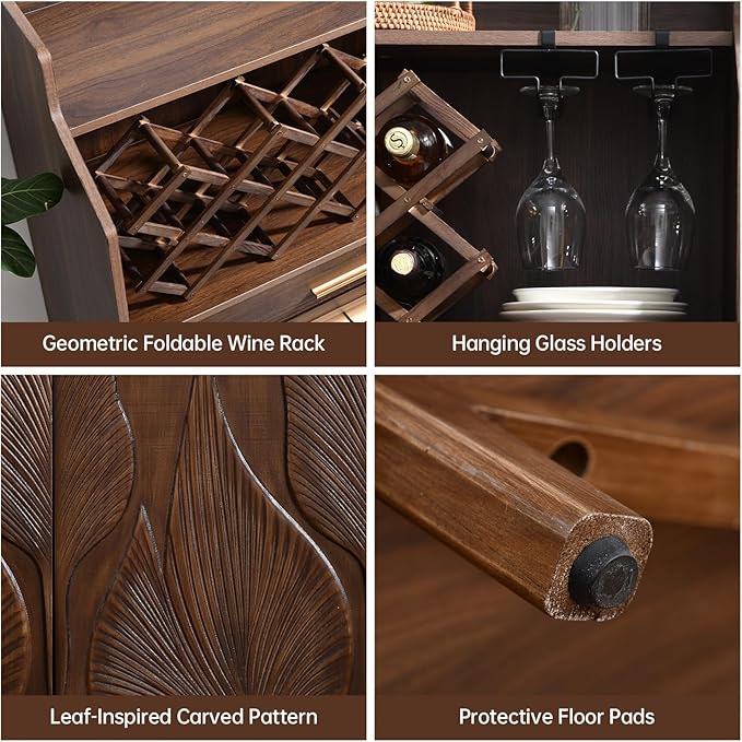 40" Vintage Bar Cabinet with Wine Rack and Glass Holder, Carved Wood Double Doors, Wide Storage Drawer & Adjustable Shelves for Home Bar, Living Room or Dining Room