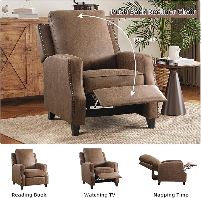 Push Back Recliner Chair Faux Leather Pushback Armchair with Rivet Decoration Wingback Single Sofa Chair with Padded Seat Solid Wood Legs for Living Room, Comfy Upholstered, Brown