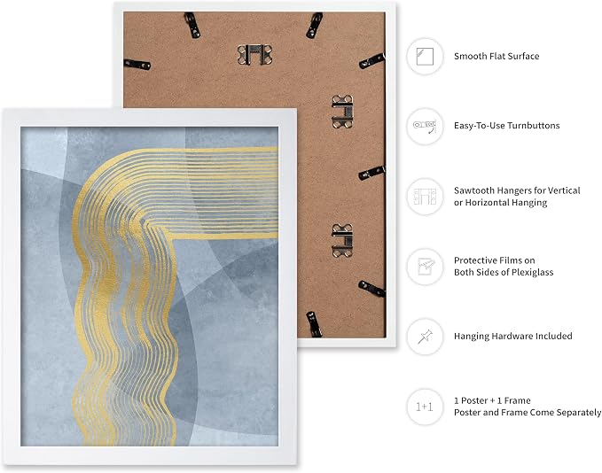 Poster Master Golden Lines Poster - Graphical Illustration Print - Abstract Design - Mid Century Modern Artwork - Visual Art - Chic Boho Artwork - Bedroom Decor - 11x14 White Framed