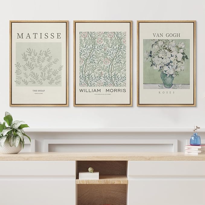 wall26 Framed Canvas Print Wall Art Set Matisse, William Morris, Van Gogh Photography Modern Rustic Scenic Colorful Multicolor for Living Room, Bedroom, Office - 16"x24"x3 Natural