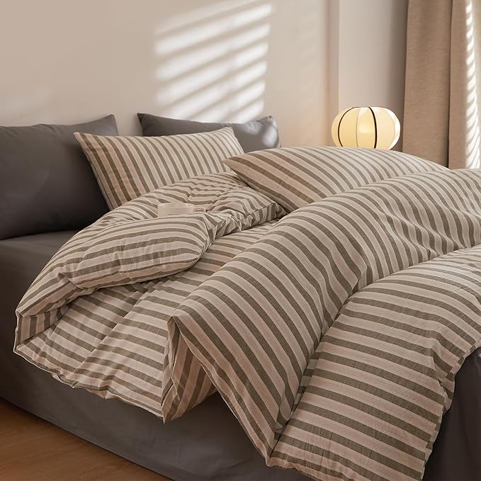 VM VOUGEMARKET Grey Striped Duvet Cover Set Queen 100% Washed Cotton Bedding Set 3 Piece Grey White Stripes Comforter/Quilt Cover with Zipper Closure Corner Ties,Modern Cozy for Boys Men