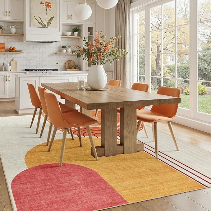 DCX Abstract Machine Washable 6x9 Rug, Mid Century Modern Rug for Living Room, Soft Low Pile Non Slip Carpet, Kid & Pet Friendly Stain Resistant Rug for Bedroom Dining Room Office, Orange & Yellow