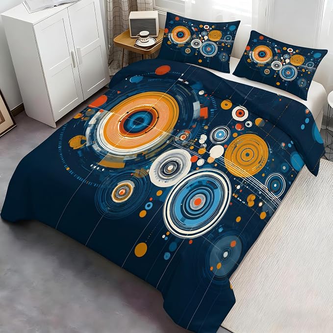 Modern Abstract Circle Duvet Cover Full Size, Colourful Disc Bedding Set 3 Piece, Hippie Hip Hop Patterned Comforter Cover with Zipper Soft Microfiber, 2 Pillowcases