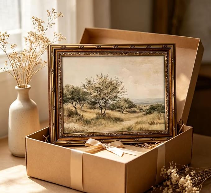 Vintage Gold Framed Olive Tree Landscape Wall Art - Retro Country Farmhouse Canvas Prints, Rustic Nature Scene Painting Prints Artwork for Living Room Bedroom Dining Room Decor，16x24in
