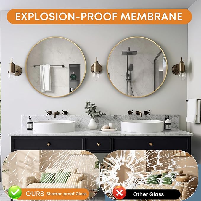 Round Mirror, Wall Mounted Circle Mirror with Brushed Metal Frame, Circular Mirrors for for Bathroom, Living Room, Vanity, Bedroom, Entryway, 20inch, Gold