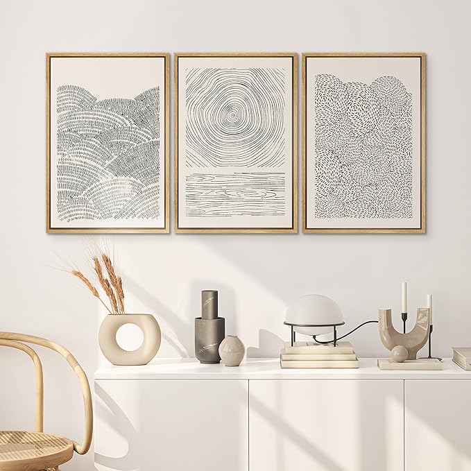 SIGNWIN Framed Canvas Print Wall Art Set Geometric Spiral Ring Wave Pattern Abstract Shapes Cozy Neutral Modern Art Decorative Contemporary Minimal for Living Room, Bedroom, Office - 16"x24"x3 Natural