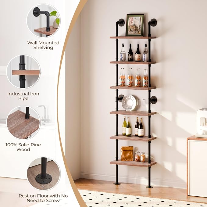Industrial Ladder Pipe Shelves, Wall Mounted Rustic Bookshelf, Retro Metal Wood Bookcases (Weathered Brown, 6 Tier - 10" D x 24" W x 82.5" H)