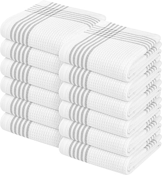 Waffle White & Grey Kitchen Towels 12 Pack, 100% Cotton, 16x26 inches, Quick Drying Dish Cloths, Absorbent Bar Mop Towels, Durable Kitchen Dishcloths Set for Daily Use