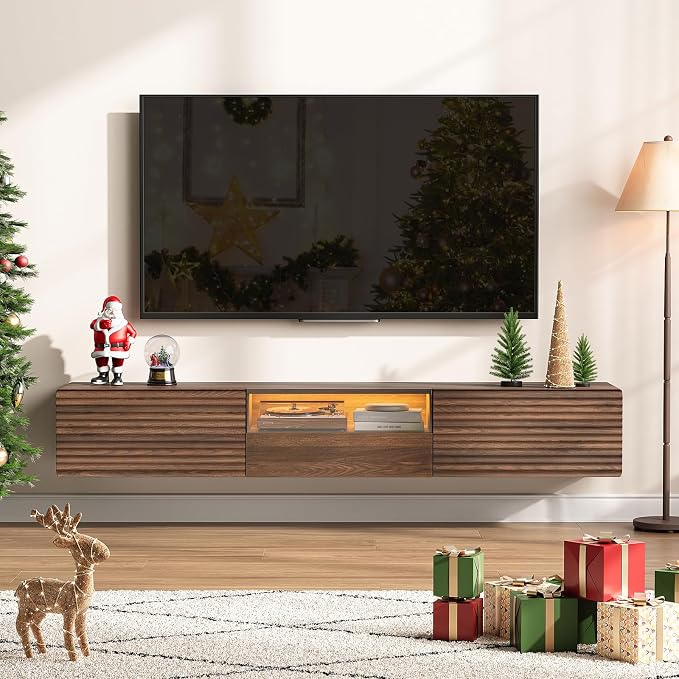 Maupvit 63" Floating TV Stand for TVs up to 75", Fluted Entertainment Center with Remote Control for LED Lights, Wall Mounted Shelf, Mid-Century Modern TV Console w/Glass Door for Living Room (Walnut)