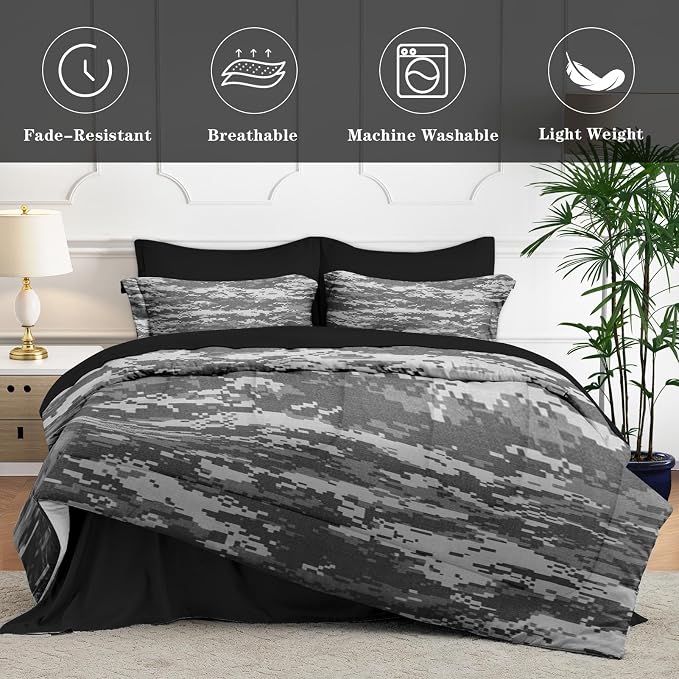 7Pcs Comforter Set Full Size, Gray Camouflage Digital Camo Army Military, Bedding Decor Navy Brown Us Black White Bedroom Bed Set Flat Sheet Fitted Sheet Pillowcases Shams for Kids Adults