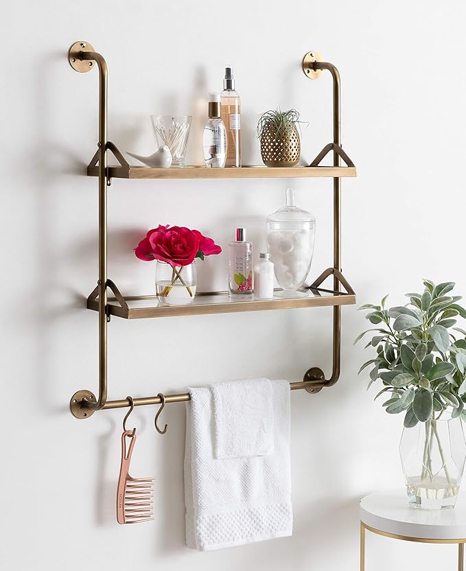 Kate and Laurel Marit Modern Industrial Wall Shelf with Metal Pipe Supports and Glass Shelves, Gold