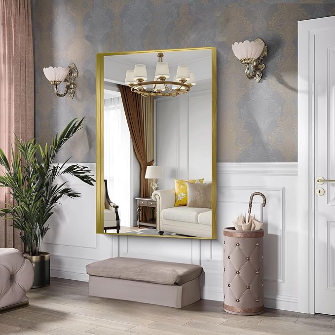 CIRCUMI Gold Bathroom Mirror, 36"x55" Rectangular Mirror with Deep Metal Frame, Brushed Finish, Tempered Glass, Large Mirror for Wall, Over 2 Sinks, Installed Vertically/Horizontally, Crystal-Clear