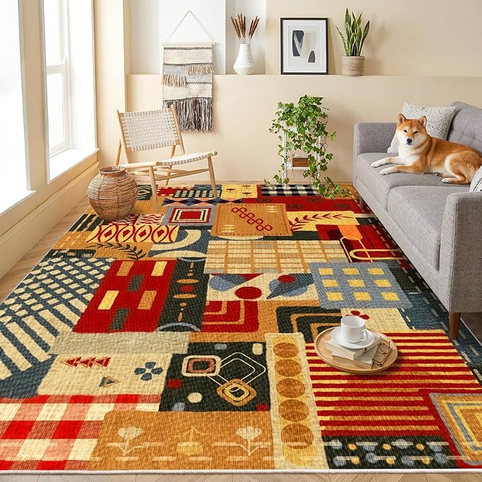 Washable 5x7 Colorful Abstract Area Rug, Boho Patchwork Rugs for Living Room, Multi-Color Modern Memphis-Inspired Throw Carpet, Non-Slip Low Pile Rug for Bedroom Dining Room Office Home Hardwood Floor