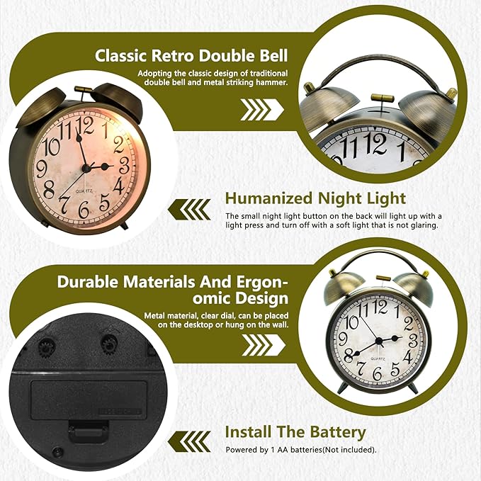 Vintage Twin Bell Alarm Clock - 4.5'' Silent Non-Ticking Analog Desk Clock, Antique Brass Finish, Retro Table Clock for Bedroom, Office & Home Decor, Battery Operated Loud Alarm for Heavy Sleepers ﻿