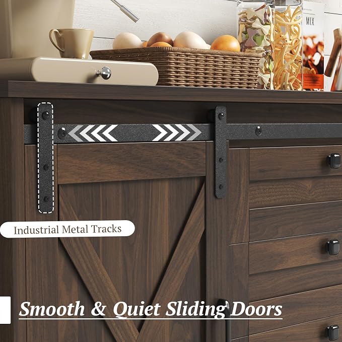 Luoxiao Farmhouse Sideboard Buffet Cabinet with Storage, 110 Inch Large Kitchen Cabinet with 4 Drawers & Sliding Barn Doors, Rustic Coffee Bar Cabinet for Dining Room, Living Room Dark Oak, 2 PCS