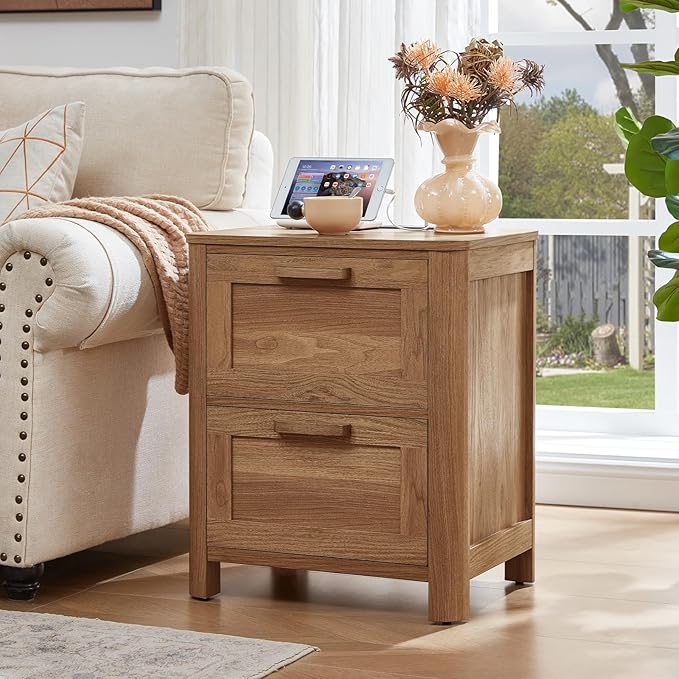 Farmhouse Nightstand with Charging Station, End Tables Bedroom with 2 Large Drawers & 4 Thickened Table Legs, Dark Wood