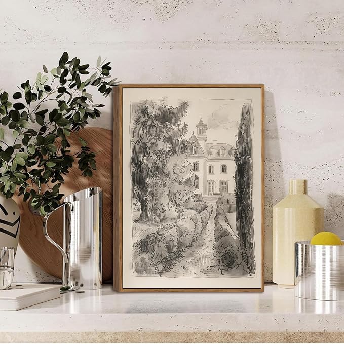 WALLZK Vintage Framed Wall Art French Country Sketch Canvas Prints Neutral Landscape Cottagecore Decor Pictures Artwork for Walls Living Room Bedroom Bathroom 8"x10"