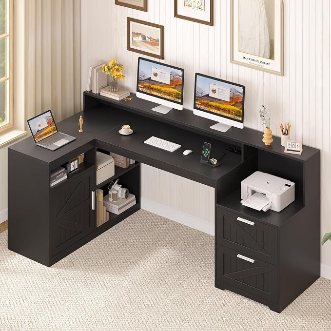 TVU Farmhouse L Shaped Desk with Drawers, 62.2" Home Office Desk with Storage Shelves and Power Outlet, L Shaped Computer Desk with Monitor Stand and Printer Shelf, Black