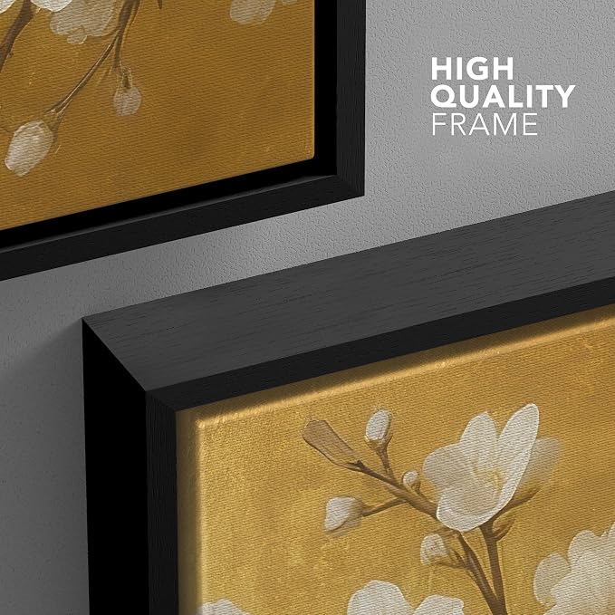 wall26 Framed Canvas Print Wall Art Set Golden Cherry Blossom Tree Elegant Floral Illustrations Fine Art Decorative Rustic for Living Room, Bedroom, Office - 16"x24"x3 Black