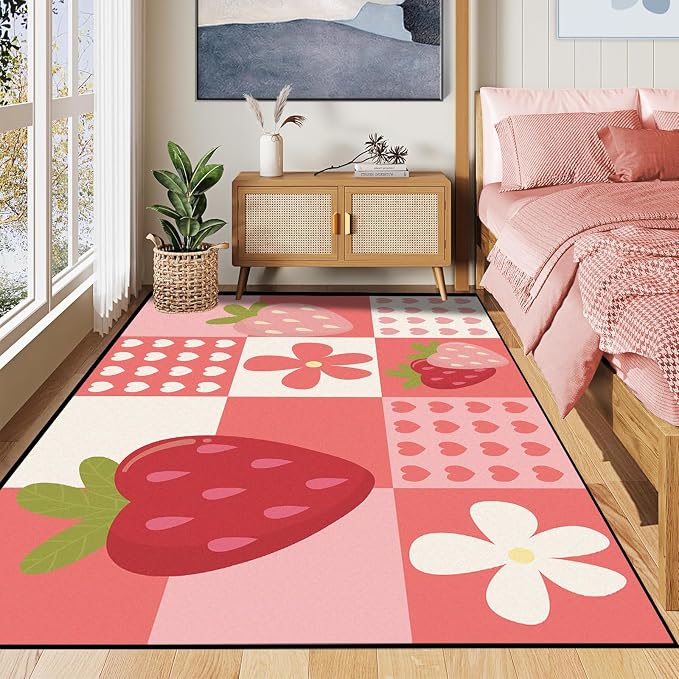 Strawberry Checkered Rug Cute Red Area Rug Love Flower Washable Carpet for Entryway Bedroom Living Room Kitchen Nursery Home Decor Soft Non Slip Floor Mat，2'x3'