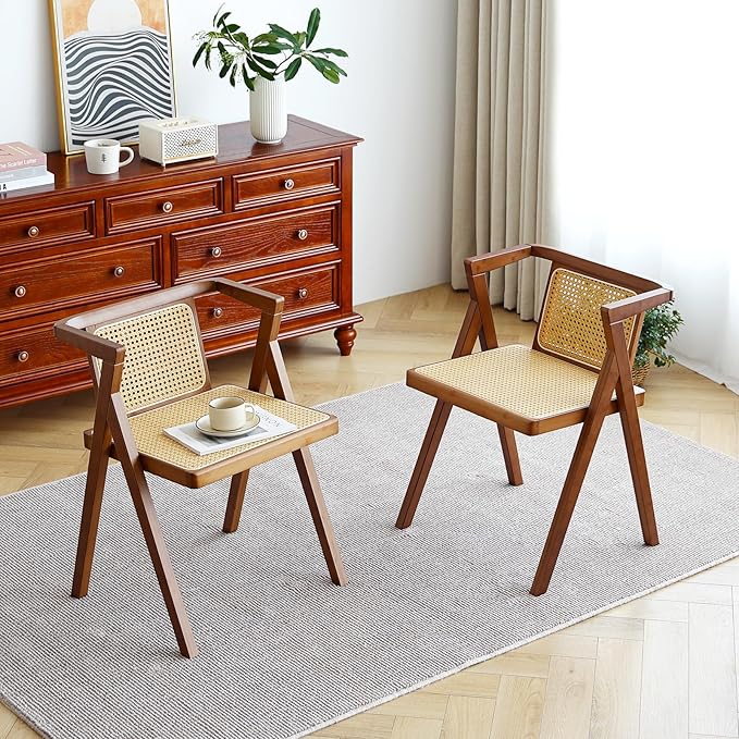 Furlide Rattan Dining Chairs Set of 2, Mid-Century Accent Armchair, Wicker Chair, Outdoor Bamboo Chair for Dining Room, Living Room, Bedroom, Kitchen, Walnut