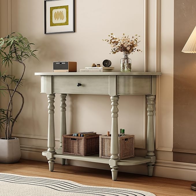 Retro Curved Console Table, 36" Solid Wood Half Moon Console Table Sofa Table Entryway Table with 1 Drawer 1 Open Shelf Roman Legs Curved Corners for Living Room,Entryway,Hallway,Gray