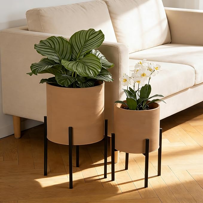 ARNIS Modern Plant Pots, Set of 2 Large Planters with Stand, Decorative Planters, Metal Pots with Drainage Holes for Living Room, Office, Garden or Balcony, 8.25 &10.5 Inch, Terracotta
