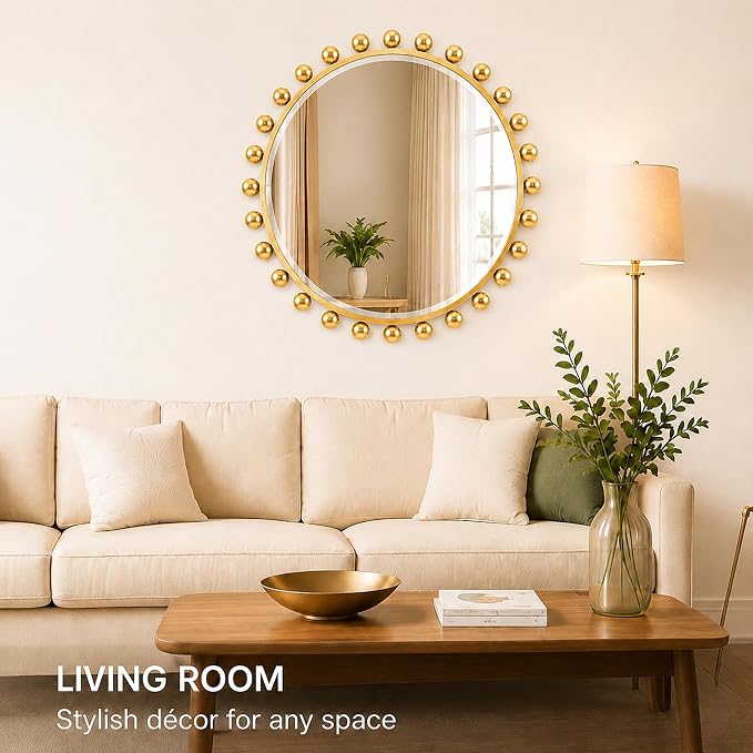 30 Inch Round Wall Mirror with Antique Gold Ball Frame, Beveled Decorative Round Accent Mirror, Vintage Gold Sunburst Style Mirror for Bedroom, Living Room, Entryway, Hallway & Wall Decor
