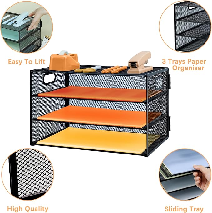 3 Tier Letter Tray Paper Organizer with Handle Desk Paper Organizer Tray, Desktop File Folder sorter Holder for Home Office School