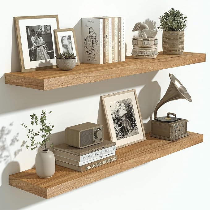 Vivelove Solid Wood Floating Shelves Set of 2, Elm Wood Wall Shelf with Invisible Bracket for Living Room Bedroom Bathroom Office, Rustic Farmhouse Display Shelf, 36 inch - Natural