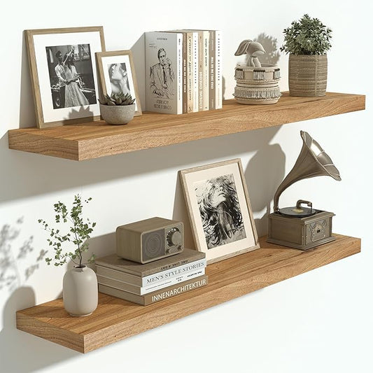 Vivelove Solid Wood Floating Shelves Set of 2, Elm Wood Wall Shelf with Invisible Bracket for Living Room Bedroom Bathroom Office, Rustic Farmhouse Display Shelf, 36 inch - Natural